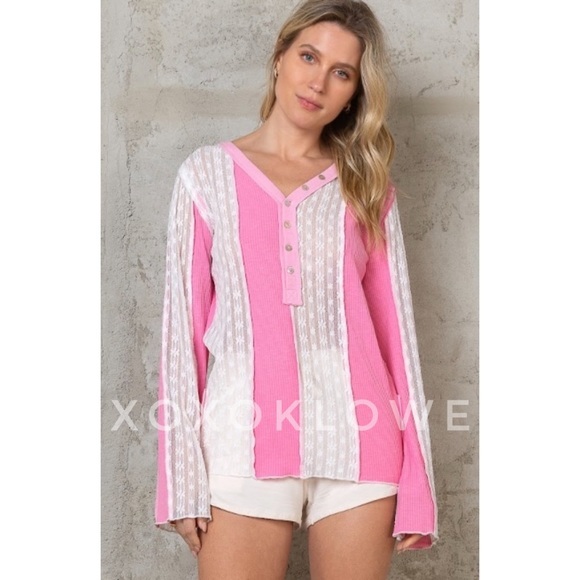 POL Bubblegum Pink + White Lace Patchwork Long Sleeve Henley Top - Picture 8 of 12